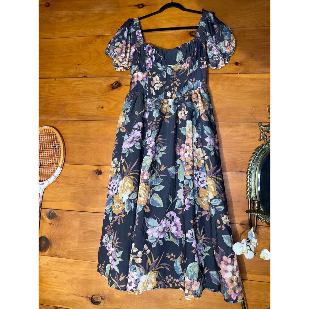 NWT Lulus Adorable Tendencies Dark Grey Floral Puff Sleeve Midi Dress Party XL - Picture 2 of 9